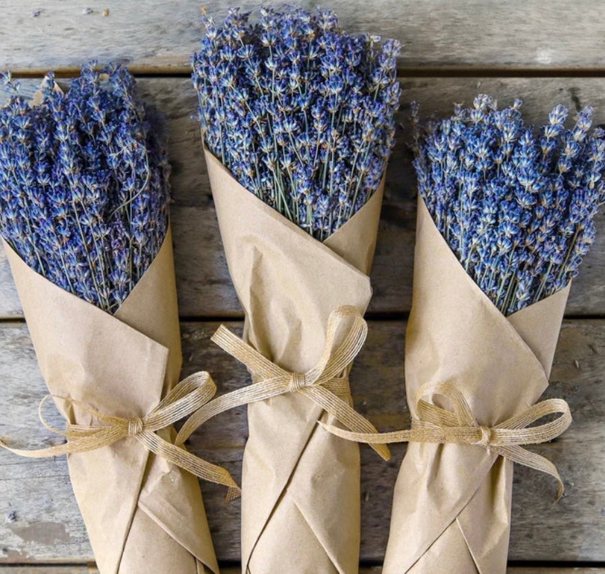 Three bundles of lavender wrapped in brown paper with ribbons 
